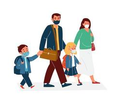 Parents With Children In Protective Masks Going To School. Back To School During Coronavirus Pandemic Concept. Primary School Pupils In Uniform. Flat Vector Illustration.