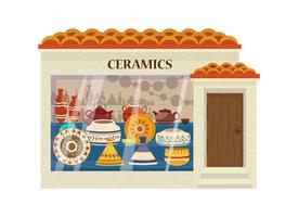 Vector illustration of ceramics shop front. Pottery store showcase. Authentic hand-made crokcery.