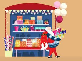 Vector illustration of Santa going from gift shop with lots of presents. Wrapping service. Gift boxes, gift pockets, wrapping paper, garlands and balloons.