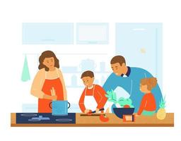 Happy family cooking together in the kitchen. Parents teaching kids to cook. Flat vector illustration.