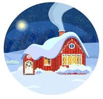 Vector illustration of winter countryhouse with night landscape, round concept. Perfect for Christmas and New Year cards.