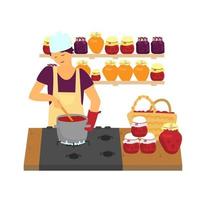 Vector illustration of young woman in apron making jam from berries. Different jars of jam, basket with berries. Woman near oven cooking. Small business, eat local concept. Flat style.