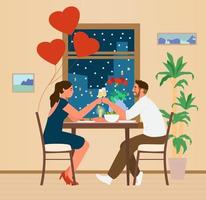 pareja feliz celebrando el día de san valentín en casa con una cena romántica cerca de la ilustración vectorial de la ventana nocturna. vector