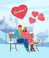 Saint Valentine's Day Greeting Card Vector Design. Illustration Of Couple In Love Sitting In Winter Park On Snowy Bench With Heart Shaped Balloons Under Snowfall.