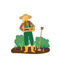 Vector illustration of woman farmer holding box with fresh vegetables. Harvest. Eat local concept. Small business. Hand drawn style.