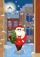 Vector illustration of Santa walking with Christmas tree in the city. European tiny street with various houses.