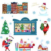 conjunto de vectores de navidad y año nuevo. casas nevadas, muñeco de nieve, árbol de navidad, tienda de regalos con regalos, papá noel con regalos, bolsas de regalo y papel de regalo, casa de campo, copos de nieve.