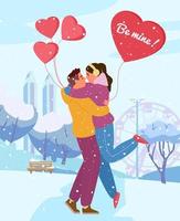 diseño vectorial de la tarjeta de felicitación del día de san valentín. pareja enamorada abrazándose en el parque de invierno con globos en forma de corazón bajo la nieve. vector