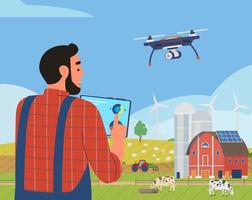 Smart Farm Concept. Farmer Holding Tablet Managing Farm With Application For Remote Control. Rural Scenery With Solar Panels, Windmills, Drones, Cows, Tractor. vector