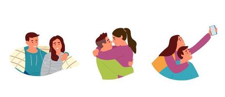 Vector Set Of Portraits Of Young Couples In Love. Hugging, Making Selfie, Listening To Music Under Plaid. Isolated On White.