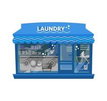 Vector illustration of laundry building with awning and logo . Laundry exterior. Washing machines, laundry detergents, iron, baskets with linen. Flat style.