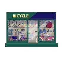 Vector illustration of bike shop exterior. Shop showcase with bicycles and sport equipment. Flat style.