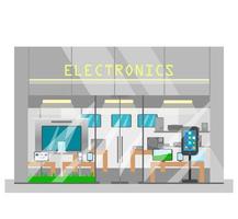 Vector illustration of electronics shop exterior. Electronic devices store. Flat style. Shop showcase.