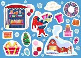 conjunto vectorial de pegatinas sobre el tema de navidad y año nuevo. tienda de regalos, santa con regalos, cajas de regalos, árbol de navidad, globos, casa de campo de invierno, corona de navidad, copos de nieve. vector