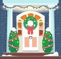 Vector illustration of house entrance decorated with christmas wearth and trees. Frozen windows with light inside. Cozy winter exterior with snow falling.