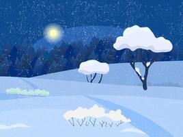 paisaje de campo de noche de invierno. árboles y arbustos bajo la nieve, bosque nocturno al fondo. vector