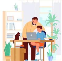 Dad Or Tutor Teaching Son At Home. Homeschooling Concept. Working Place Interior. Flat Vector Illustration.