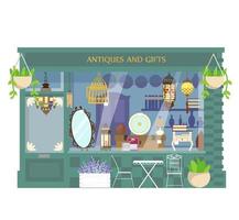 Vector illustration of antiques and gifts shop. Shop exterior. Store showcase. Antique furniture, lamps, books, ceramics.