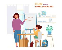 Homeschooling Concept. Mother Or Tutor Teaching Girl At Home. Girl Sitting At Desk And Raises Hand. Flat Vector Illustration.