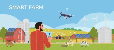 banner de vector horizontal de granja inteligente. granjero que sostiene una tableta que administra la granja con una aplicación móvil. paisaje rural con paneles solares, molinos de viento, drones, vacas, tractor.