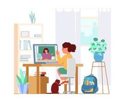 Girl Sitting In Front Of Laptop In Her Room Learning Using Video Conference With Teacher. Distant Education. Study From Home. Flat Vector Illustration.