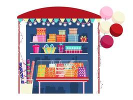 Vector illustration of gifts wrapping service. Stall with gifts boxes, wrapping paper, garlands and balloons.