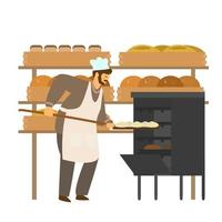 ilustración vectorial de panadero en delantal y sombrero poniendo pan en el horno. producción de pan estantes con pan. producción local de alimentos. comer concepto local. pequeños negocios. estilo dibujado a mano. vector