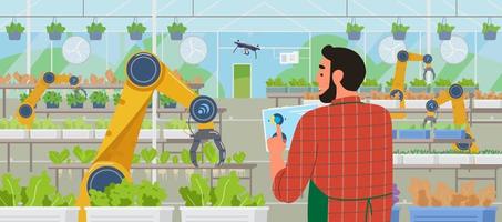 invernadero inteligente y agricultura. granjero que sostiene una tableta que administra el invernadero con una aplicación móvil para control remoto. plantaciones de ensaladas y agricultura automatizada robots y drones ilustración vectorial plana. vector