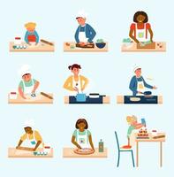 Vector set of different age and ethnicity kids in aprons and chef hats cooking. Making pizza, salad, soup, cookies, cake, pancakes. Children in kitchen. Flat vector illustration.