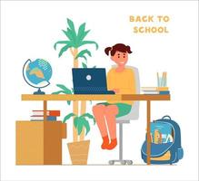 Back to school concept. Smiling girl sitting at desk in front of laptop studying. School backpack with school supplies, globe. Flat vector illustration.