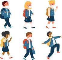 Vector Set Of Different Race Pupils In Uniform With School Bags In Protective Masks Walking. Back To School During Coronavirus Pandemic. Flat Illustration.