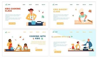 Cooking Kids Class Set Of Website Templates. Adults Cooking With Children. Bakery Class. Making Salad, Pankakes, Soup, Cookies. Flat Vector Landing Page Design.