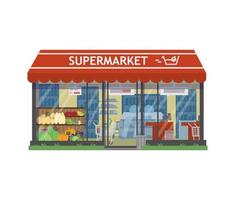 Vector illustration of supermarket building front view and interior. Food market showcase. Shop exterior. Shelves with products, shopping cart. Flat style.
