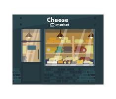 Cheese shop exterior in modern minimalistic style. Cheese market showcase with different kinds of cheese. Shop front. Small business. Flat vector illustration.