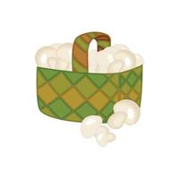 Isolated on white background, woven basket with mushrooms in flat style. vector