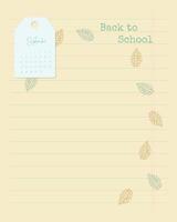 Back to school template and September 2022 calendar. Template for note, to-do list, reminders. vector