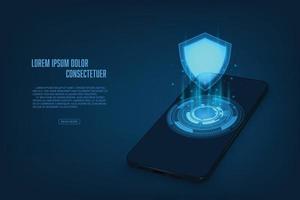 Vector internet booster technology security concept. Shield with smartphone  abstract background.