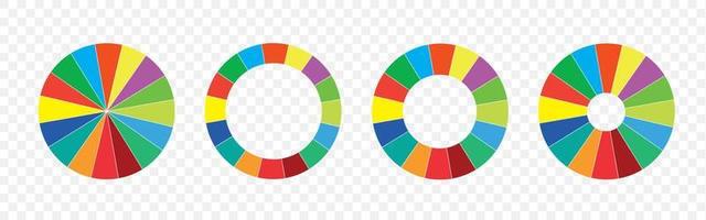 Guía de la rueda de colores. patrones florales y paleta aislados. colores rgb y cmyk. diagramas de gráficos circulares. conjunto de círculos de diferentes colores. forma redonda del elemento infográfico. vector