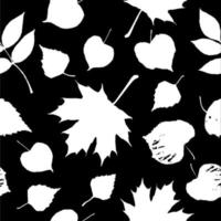 Seamless pattern of autumn leaves isolated on a black background. Simple cartoon flat style. Vector illustration.