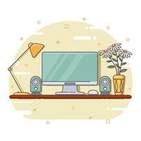 Flat illustration of a cozy workplace with a laptop, a flower in a vase, a lamp and a cup of hot drink. Vector illustration. EPS10