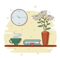 Vector flat illustration of a cozy place with a book, a flower in a vase and a cup of hot drink. Vector Illustratoin. EPS10