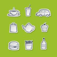 Fast food icons set on a green background. Vector Illustration in paper cut style.