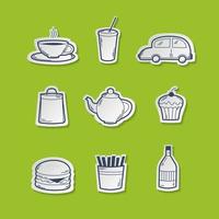 Fast food icons set on a green background. Vector Illustration in paper cut style.