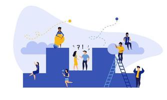 Achievement target career challenge vector flat illustration. People kpi walking steps to direction. Job journey business success leader ambition. Goal progress up climbing performance banner