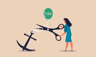 Loose cut tax and business balloon freedom. Scissors cut rope and money problem free vector illustration concept. Situation with government stress finance crisis and people escape from pay taxation