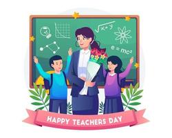 Two students give flowers to their female teacher on teacher's day. Vector illustration in flat style