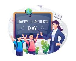 A female teacher is pointing at the blackboard that says happy teachers day with her two students. Vector illustration in flat style