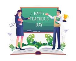 Two male and female teachers are pointing at the chalkboard that says Happy Teachers Day. Vector illustration in flat style