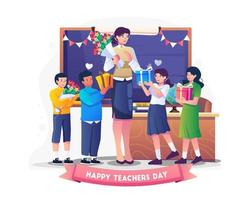 Students give their female teachers gifts and flowers to celebrate Teacher's Day. Vector illustration in flat style