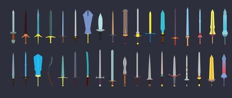 Sword steel and sharp medieval fantasy weapon. War symbol battle icon isolated white vector illustration. Antique dagger design and old warrior handle broadsword set. Collection game saber king